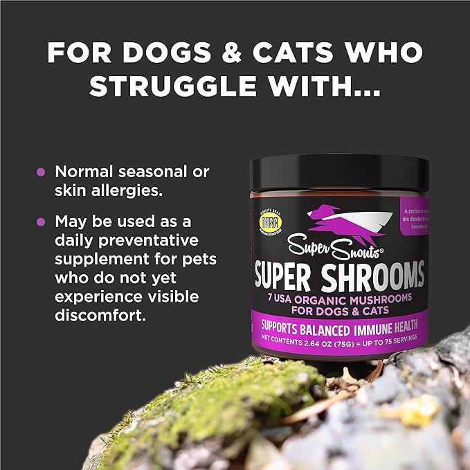 Super Snouts Super Shrooms Mushroom Immune Support Supplement for Dogs and Cats, 5.29 oz - Made in USA Organic Non-GMO, Immune Health, Strong Immunity, 7 Mushroom Blend Powder