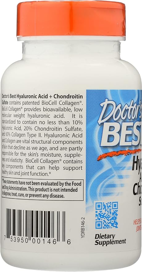 Doctors Best Hyaluronic Acid + Chondroitin Sulfate with BioCell Collagen, Non-GMO, Vegan, 60 Capsule (Pack of 1)
