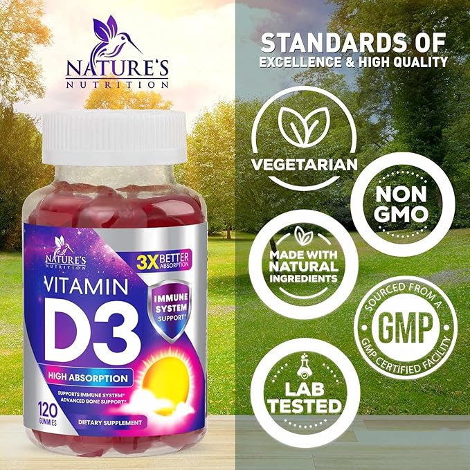 Vitamin D3 Supplement Gummy 5000 IU (125 mcg) Dietary Vitamins D for Men & Women - Bone, Teeth, Muscle & Immune Health Support, High Potency VIT D3 Nature's Non-GMO & Gluten Free - 120 Gummies