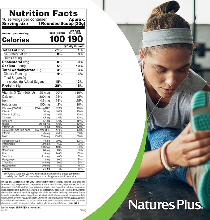 Natures Plus SPIRU-TEIN, Vanilla - 1.06 lbs, Pack of 2 - Plant-Based Protein Powder - Vegetarian, Gluten Free - 32 Total Servings