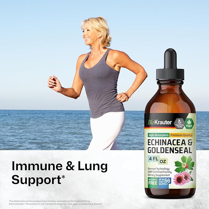 BIO KRAUTER Echinacea and Goldenseal Root Liquid Extract - Natural Immune Support - Echinacea Drops with Goldenseal - Vegan, Alcohol & Sugar Free Tincture - 4 Fl.Oz.
