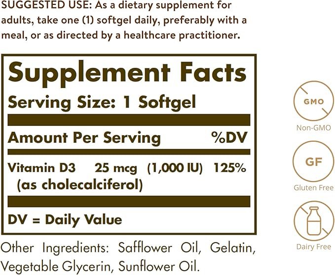 Solgar Vitamin D3 Cholecalciferol 25 MCG 1000 IU Softgels Helps Maintain Healthy Bones Teeth Immune System Support NonGMO Gluten Free Dairy Free Servings, Unflavored, 250 Count