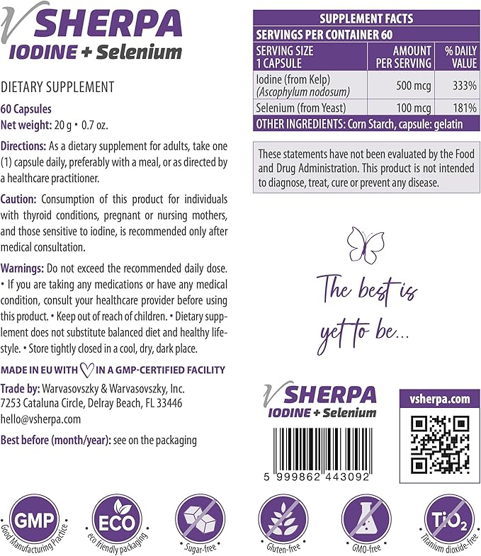 Iodine + Selenium, Premium Quality Dietary Supplement for Thyroid Health, Hormonal Balance, and Immune Support, Supports Metabolism and Energy Levels, Gluten-Free, Non-GMO, 60 Capsules
