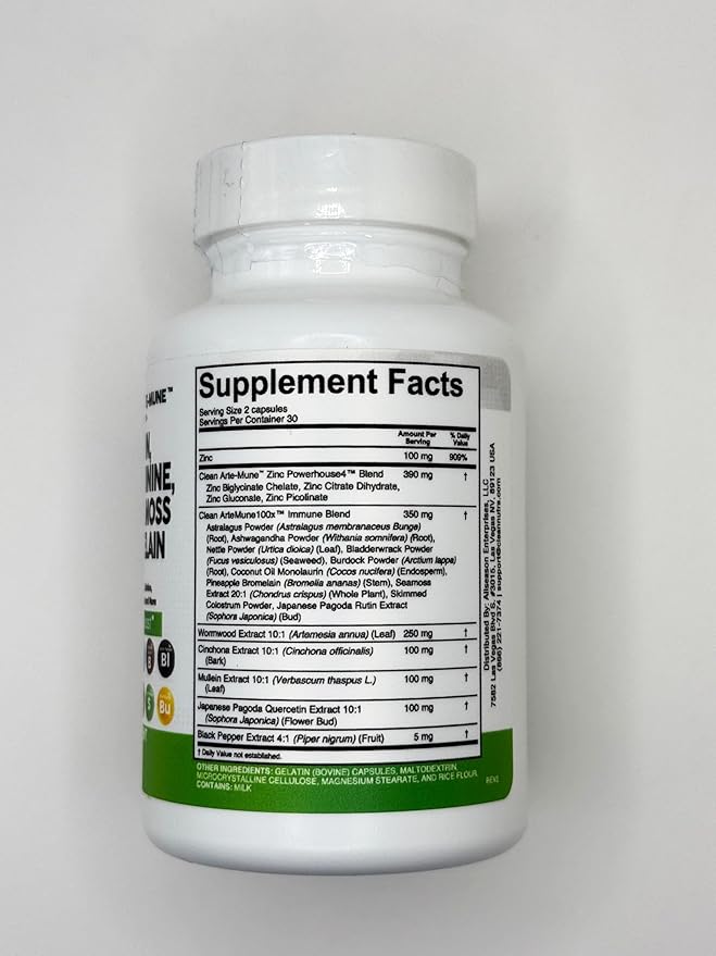 Clean Nutraceuticals Artemisinin Quercetin Zinc Mullein Quinine Supplement with Sea Moss Bromelain Ashwagandha Root Nettle Leaf Bladderwrack Burdock Root Monolaurin Colostrum Rutin