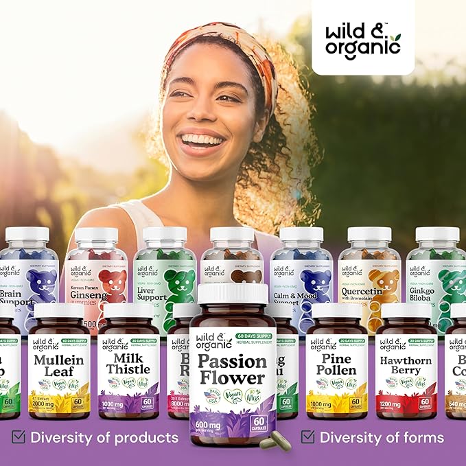 Wild & Organic Passion Flower Capsules 600 mg - Relaxation & Mood Support - Passionflower Extract Supplement - Passiflora Incarnata Herb - Vegan, No Fillers, Non-GMO - 60 Count