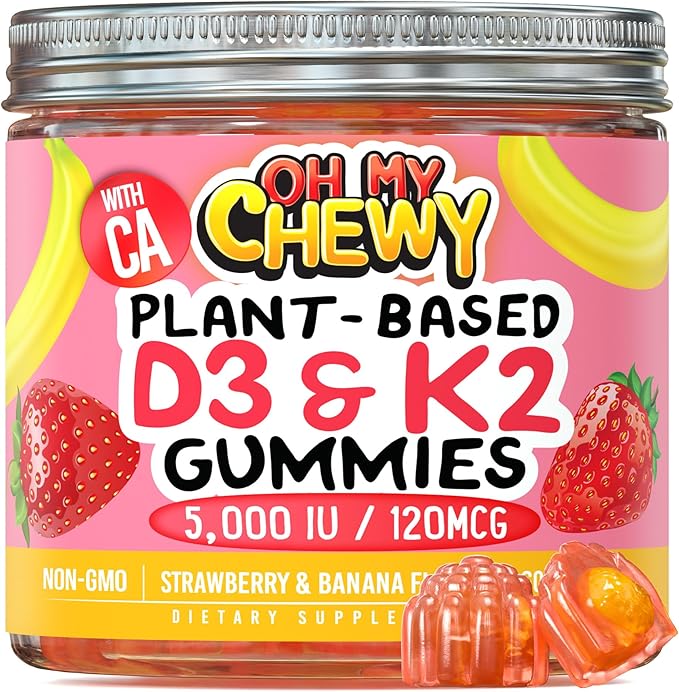 Center-Filled Vitamin D3 K2 Gummies - Kids, Teens & Adults - Supplement for Healthy Teeth, Bone, Energy & Immunity - 5000 IU D3, 120 mcg K2(MK-7), 120 mg Calcium - Vegan & Non-GMO - 120 Count