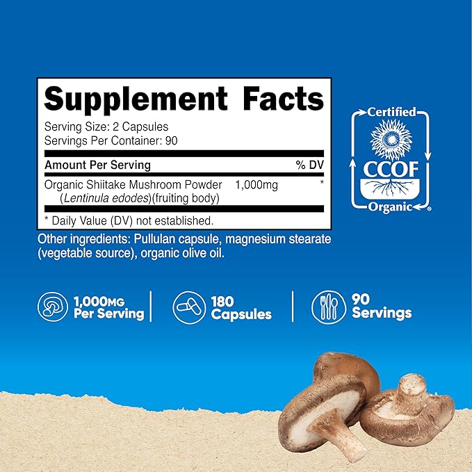 Nutricost Organic Shiitake Mushroom Capsules 1000mg, 90 Servings - CCOF Certified Made with Organic, Vegetarian, Gluten Free, 500mg Per Capsule, 180 Capsules