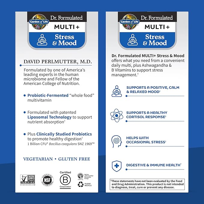 Garden of Life Dr. Formulated Multi+ Stress & Mood, Fermented Liposomal Multivitamin + Ashwagandha, B Vitamins & Probiotics - 60 Capsules, Whole Food Vitamin & Mineral Supplement