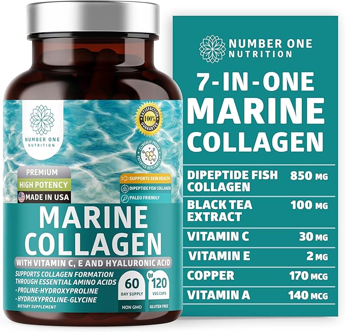 Premium Marine Collagen Dipeptides with Hyaluronic Acid, Vitamin C, Theaflavin and Copper, Collagen Supplement for Women and Men for Radiant Skin, Hair & Nails, Gluten Free and Non-GMO, 120 Veg Caps