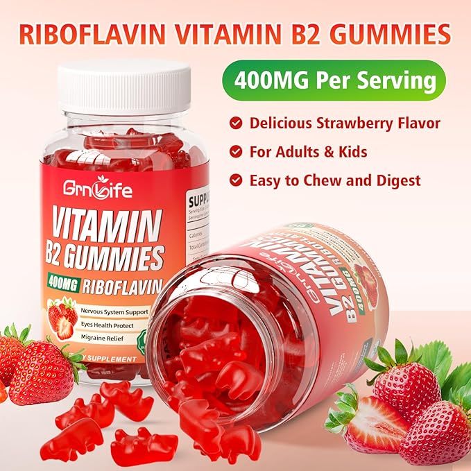 2 Pack Vitamin B2 Gummies, Riboflavin 400mg with Magnesium for Kids & Adults, Migraine Relief & Energy Support, Strawberry Flavor, 120 Count