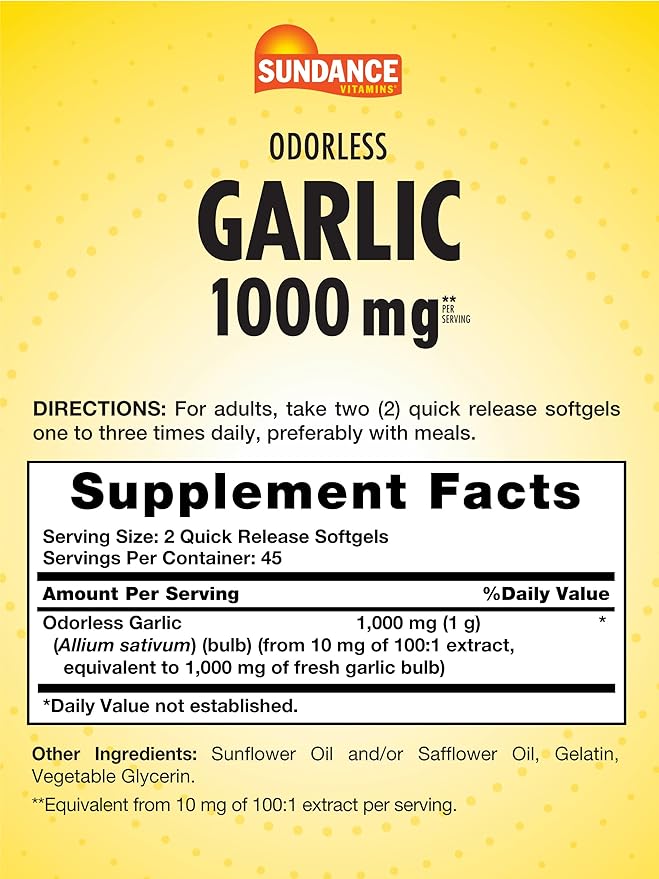 Sundance Odorless Garlic Softgels | 1000mg | 90 Count | Non-GMO and Gluten Free Supplement