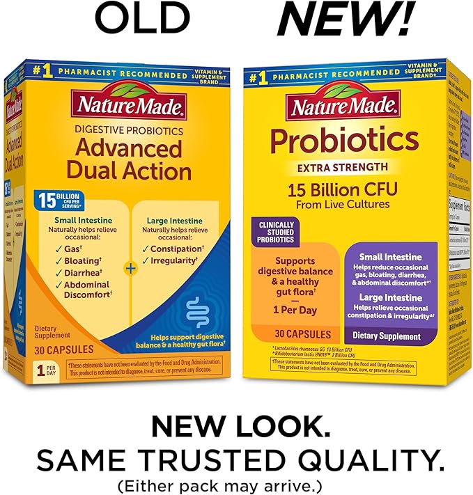 Nature Made Digestive Probiotics Advanced Dual Action, Probiotics for Women and Men, 30 Probiotic Capsules, 30 Day Supply