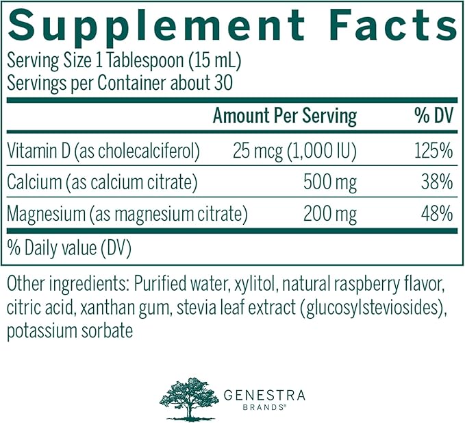 Genestra Brands Cal Mag Raspberry Liquid | Calcium and Magnesium Citrate Formula with Vitamin D | 15.2 fl. oz.