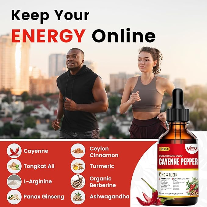 VEV 15-in-1 Cayenne Pepper Drops Supplement Liquid, with Vitamin D3 K2, L-Arginine, Resveratrol, Oregano, Moringa, Berberine, Hawthorn, Beet, Turmeric - Vegan, Non-GMO 2 fl oz