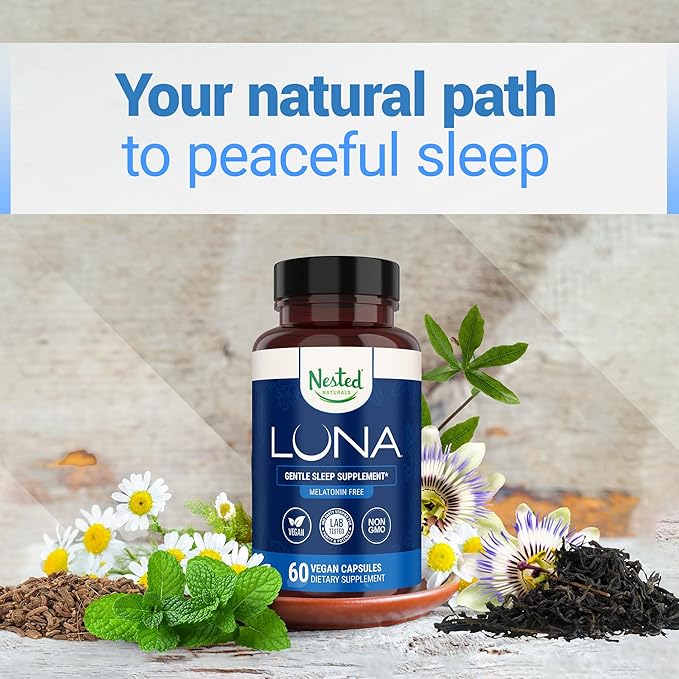Nested Naturals Luna Melatonin-Free Pack of Two, Bedtime Supplement for Adults, Herbal Nighttime Sleeping Capsule, Valerian Root with Chamomile, Lemon Balm, Non-GMO, Gluten-Free