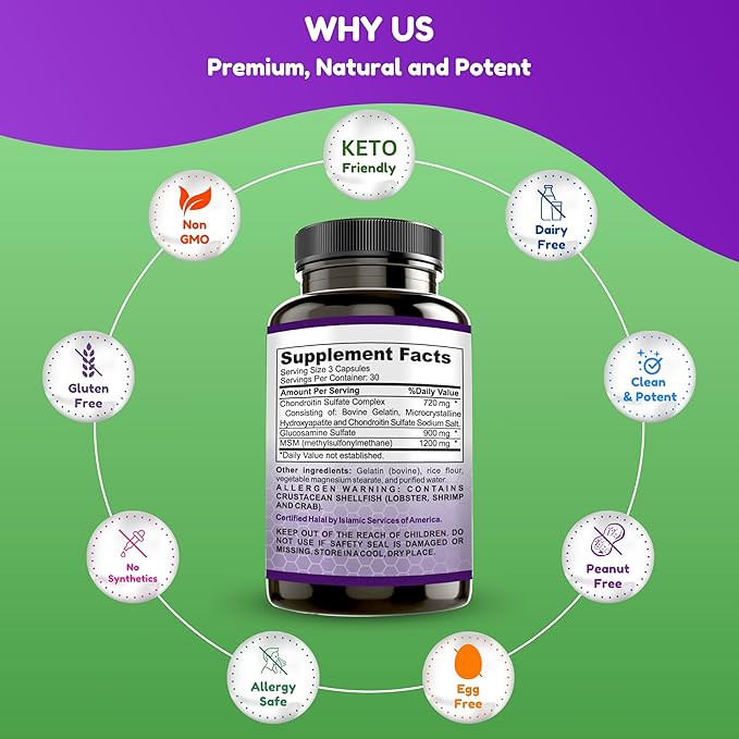 Halal Joint Support Supplement w/Glucosamine Chondroitin MSM | 2820mg 30 Servings | Non-GMO