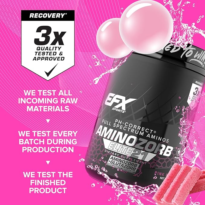 EFX Sports Aminozorb Elite 21 | PH-Correct, Full Spectrum Aminos + Glutamine | Essential & Non Essential Aminos | Zero Sugars | 30 Servings (Pink Bubblegum)