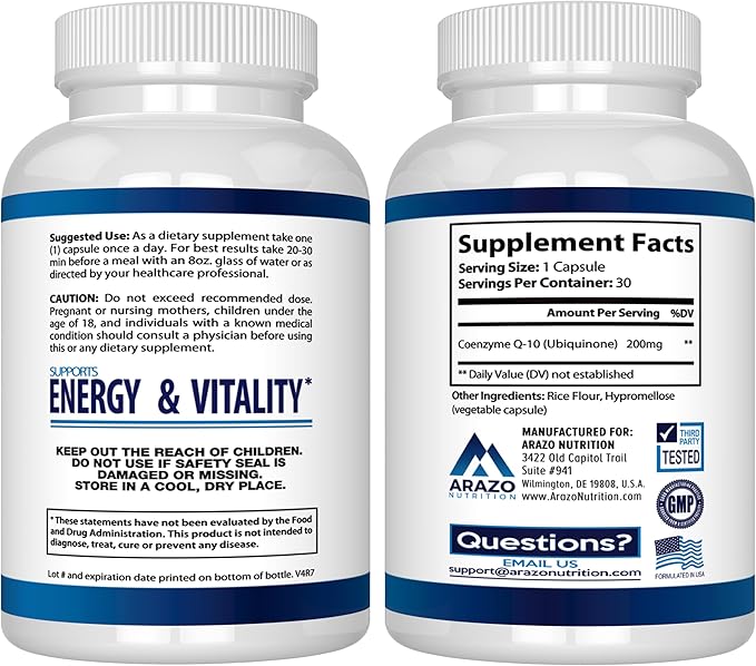 Arazo Nutrition CoQ10 Ubiquinone Coenzyme Q10-200mg Maximum Strength Nutritional Supplement - High Absorption Capsules with No Soy