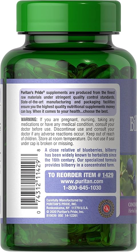 Puritan's Pride Premium Bilberry Fruit Extract 250 mg (1000mg Equivalent), 4:1 Concentrated Traditional Herbal Supplement, Vitamin C, 3 to 6 Month Supply, 180 Rapid Release Softgels 2-Pack