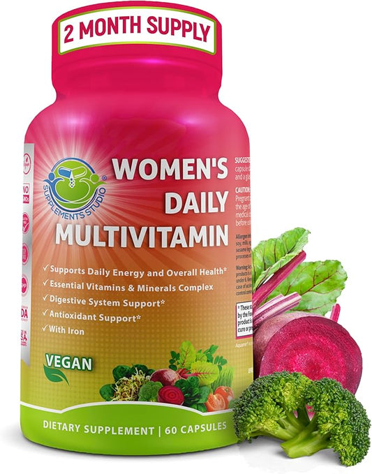 Women's Daily Multivitamin with Iron - Vegan Methylated Multivitamin for Women with Biotin, Organic Superfoods, Probiotics, B-Complex - Energy, Gut & Optimal Health Support – Easy to Swallow Capsules