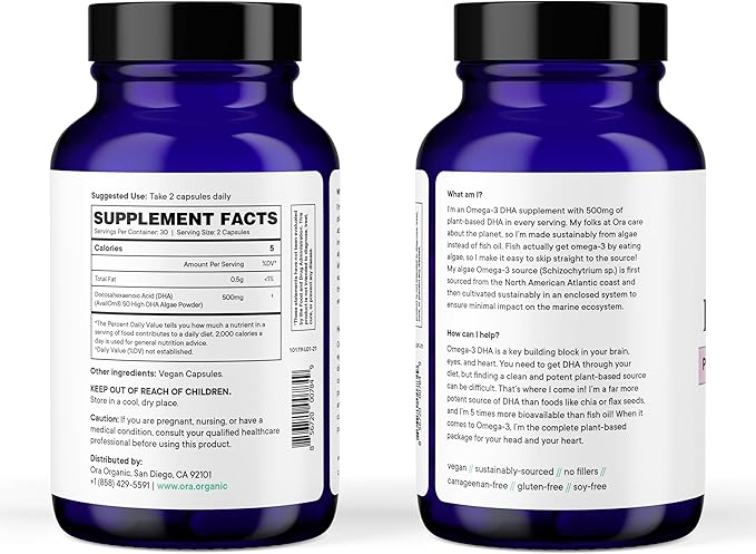 Ora Organic Vegan Omega 3 Supplement - 500mg DHA for Brain, Eye, and Heart Health - Made from Sustainable Algae - 60 Capsules