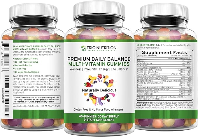 TRIO NUTRITION Premium Naturally Delicious Daily Multivitamin Gummies for Men & Women| No Major Food Allergens |Gluten Free | No High Fructose | Essential Vitamins & Minerals - Zinc*