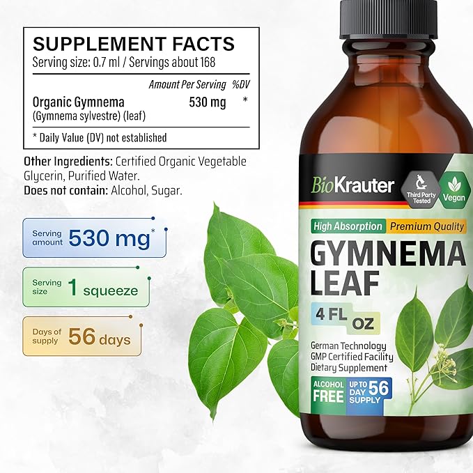 BIO KRAUTER Gymnema Sylvestre Extract Drops - Alcohol and Sugar Free - Vegan Gymnema Leaf Extract 4 Fl.Oz.