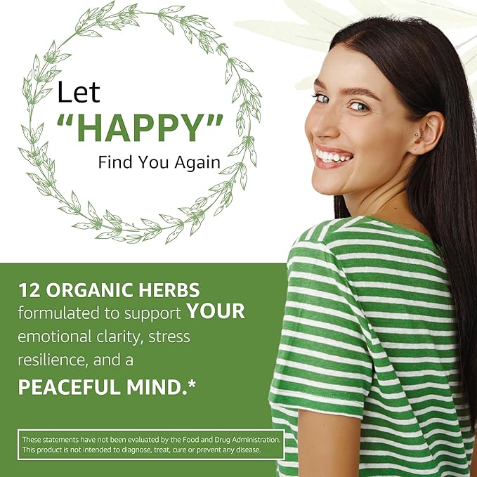 MoodBliss Mood Support Supplement, USA-Made USDA Organic Plant-Based Superfood for Stress Relief, Calm Mind & Body w/St John’s Wort Rhodiola Ashwagandha Valerian Medicinal Oils & More 60 ct