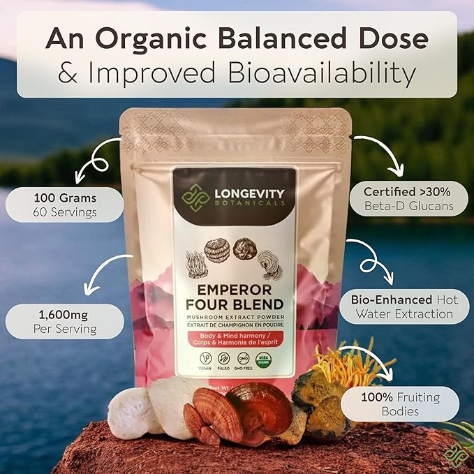 Longevity Botanicals Emperor 4 Organic Mushroom Blend 100g | Reishi, Lion’s Mane, Chaga, Cordyceps | Extract Powder Mix | 10:1 Ratio | 100% Fruiting Bodies | Complex for Immune & Vitality Support