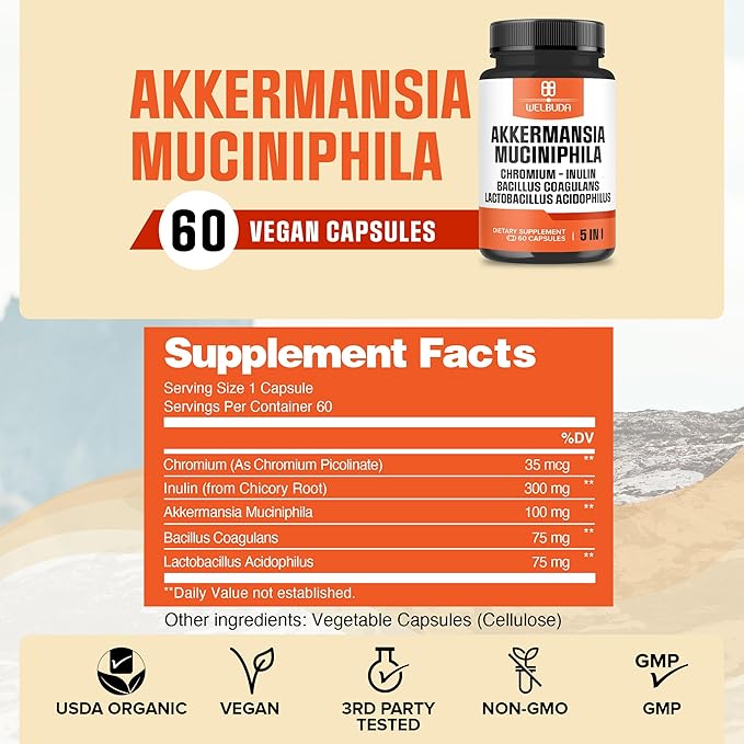 5in1 Akkermansia Probiotic Capsules for Increases GLP-1 - Contains Inulin, Bacillus Coagulans, Lactobacillus Acidophilus and Chromium - 60 Capsules for 60 Days