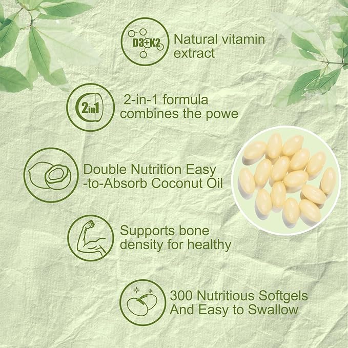 300 Pcs 2 in 1 Vitamin D3 10000 iu Plus K2 (MK-7) 200 mcg, Coconut Oil Softgels with Vitamins D & K, Supports Bone, Heart & Immune Health - Easy to Swallow & Non-GMO
