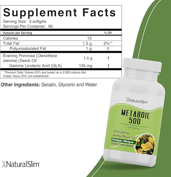 NaturalSlim Evening Primrose Oil for Women 1500mg from Cold Pressed Oil - Metaboil 500 GLA Supplement Gamma Linolenic Acid for Women’s Health, Metabolism, Heart & Skin Health - 270 Softgels