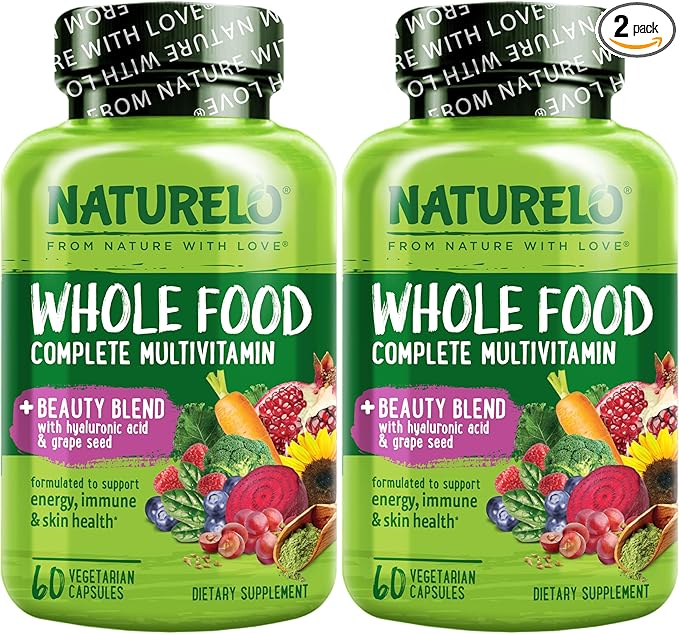 NATURELO Whole Food Multivitamin with Extra Hair, Skin & Nails Support - Beauty Blend with Hyaluronic Acid & Grape Seed - High Potency Biotin, Vitamin C, & Glutathione, 60 Vegan Capsules (Pack of 2)
