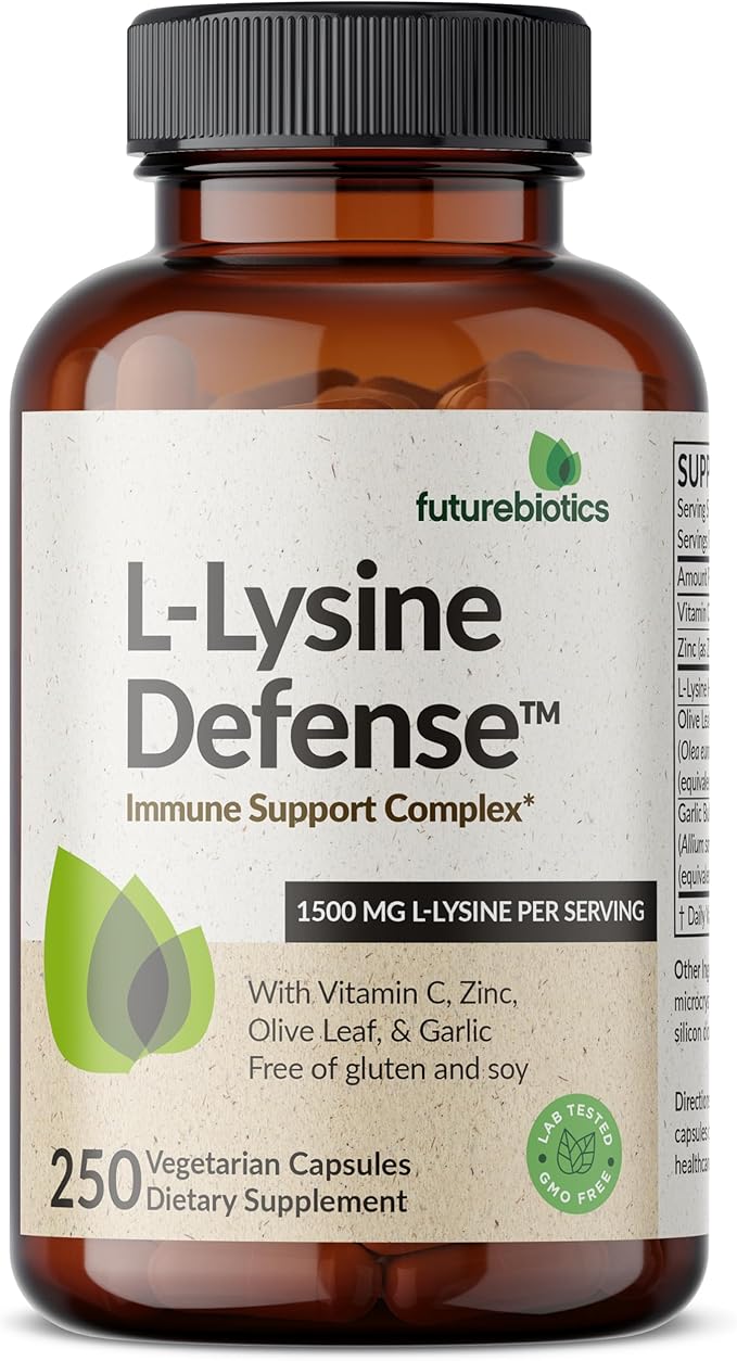 Futurebiotics L-Lysine Defense Immune Support Complex 1500 MG Per Serving with Vitamin C, Zinc, Olive Leaf & Garlic - Non-GMO, 250 Vegetarian Capsules