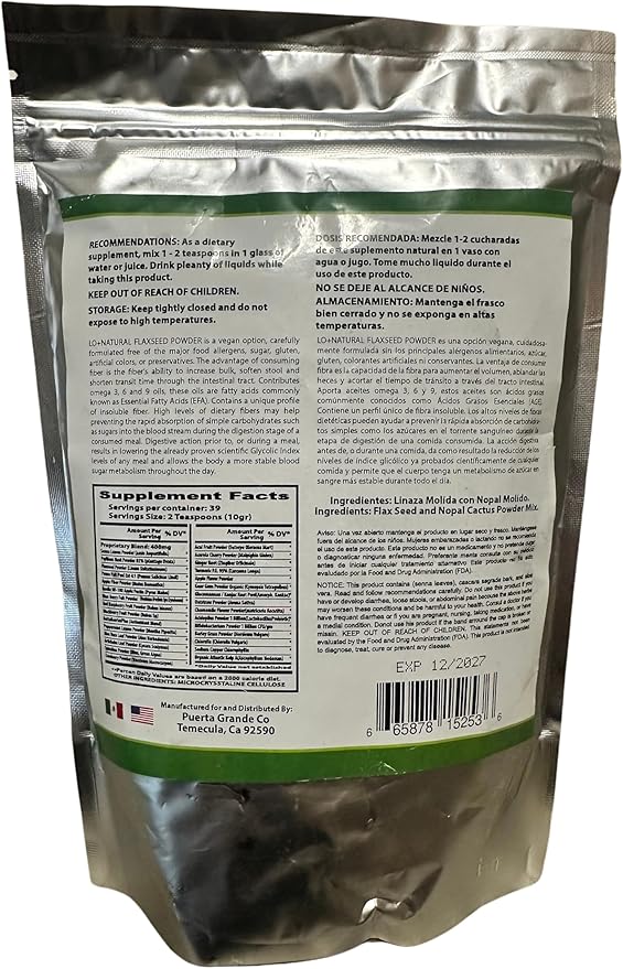 Linaza con Nopal Forte 8oz 100% Natural Blend of Ground Linaza - Nopal Cactus Powder Mix Extremely Effective Flaxseed & Nopal Powder Mix 8oz Dietary Supplement
