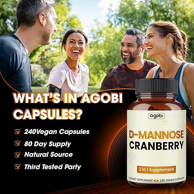 agobi D-Mannose and Cranberry Blend Capsules - 240 Vegan Pills for 80 Days - Super Concentrated Formula for UTI Health, Digestive & Immune Support - Gluten-Free, Non-GMO