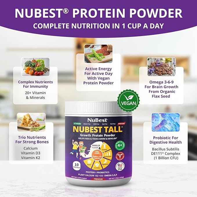 NuBest Tall Protein Powder for Kids & Teens - Vegan Vanilla Protein Powder Shake with Organic Red Algae Calcium, Probiotics, Omega 3-6-9, Vitamin D3 + K2 & Magnesium from Marine Algae - Pack 3