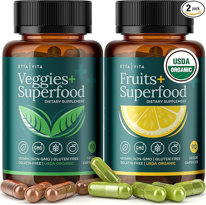 100% Organic Fruits and Veggies Supplement (USDA Organic - Made in USA) 180 Potent Fruits and Vegetable Capsules for Energy Boost & Daily Fruit and Vegetable Vitamins - Vegan, Non-GMO, Gluten-Free
