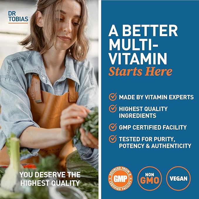 Dr. Tobias Adult Multivitamin for Women & Men, Immune Supporting Vitamins from 42 Fruits, Vegetables, Plus Probiotics, Vegan Multivitamins for Men & Women, Non-GMO, 90 Tablets, 30 Servings