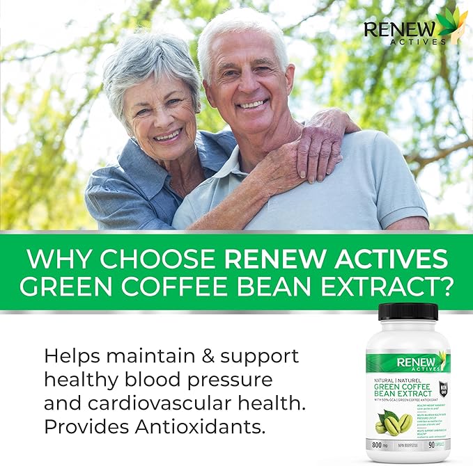 Renew Actives High Potency Green Coffee Bean Extract - 800mg per Serving Green Coffee Bean Extract with 50% Chlorogenic Acid for Antioxidant Benefits - Made in Canada - 90 Vegan Capsules