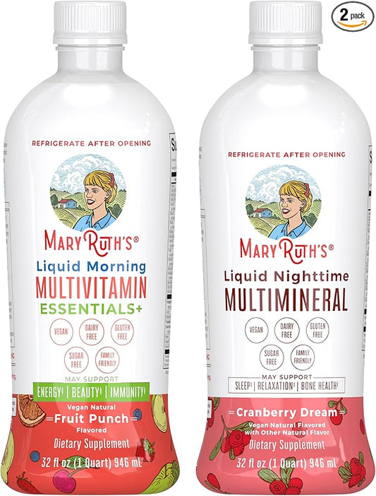 MaryRuth's Liquid Morning Multivitamin (Fruit Punch) & Liquid Nighttime Multimineral (Cranberry) | Clean Label Project Verified® | Vegan Vitamins for Energy, Muscle Relaxation, & Overall Health