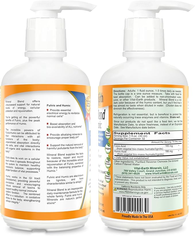 Vital Earth Minerals Fulvic Humic Mineral Blend Liquid with Pump – Fulvic Acid Supplement with 70+ Trace Minerals, Electrolytes for Recovery, Balance & Energy, 32 Oz