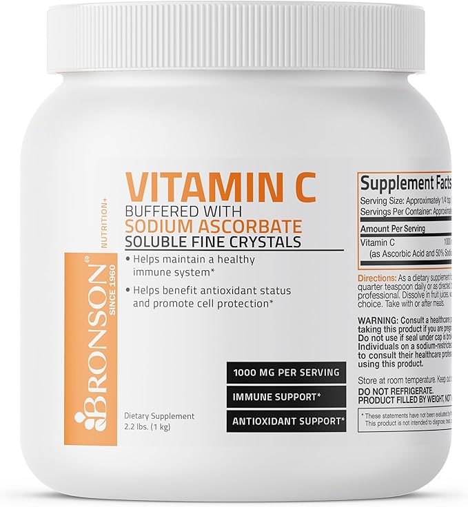 Buffered Vitamin C Powder Ascorbic Acid Buffered with Sodium Ascorbate Soluble Fine Crystals – Promotes Healthy Immune System and Cell Protection – Powerful Antioxidant - 1 Kilogram (2.2 Lbs)
