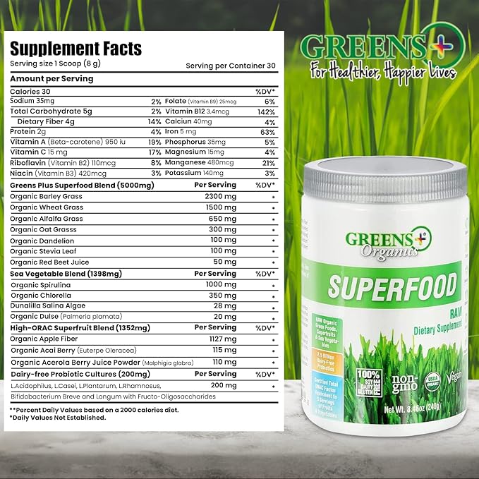 Greens+ Organic Reds Superfood Powder Organic RAW Superfood Powder Immune Support Energy Boost, Nutrition, Vibrant Health, Dietary Supplement, Vegan, Soy/Dairy/Gluten Free