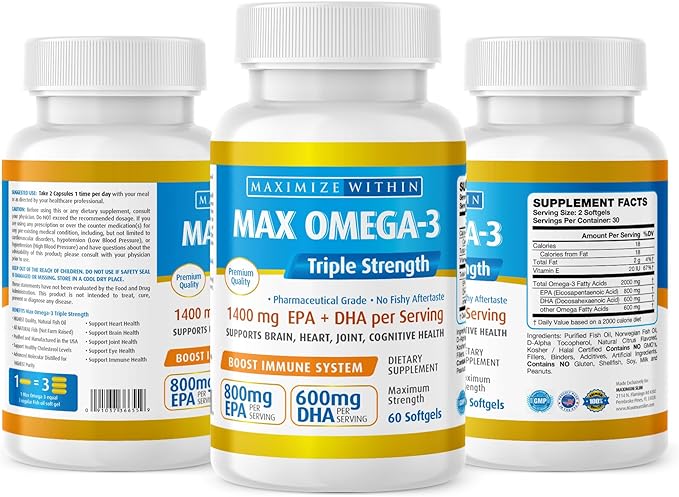 Maximum Slim Max Omega 3 Fish Oil Pills - Triple Strength Fish Oil Supplement (2000 mg Total Omega 3 Fatty Acids: 600mg DHA + 800 mg EPA per Serving)