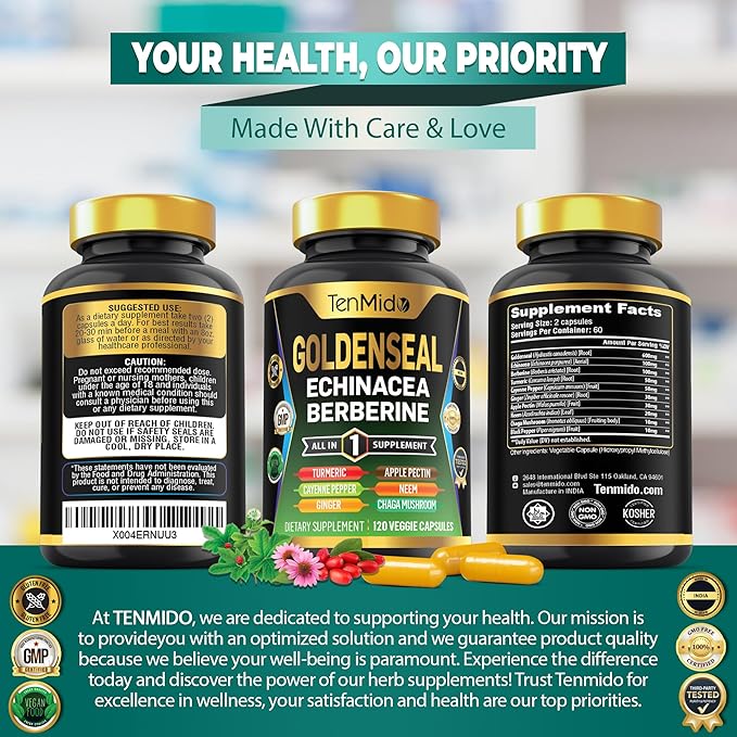 Goldenseal Root Supplement - 10in1 Formula - Combine with Echinacea, Berberine, Turmeric, Cayenne Pepper, Ginger, Apple Pectin, Neem, & More - Digestive Health Support - 120 Capsules
