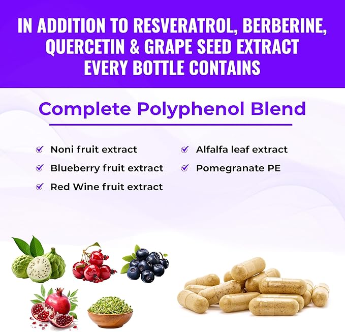 Resveratrol Supplement with Quercetin, Berberine, Grape Seed Extract & Polyphenol Blend for Skin Health, Immune Support & Antioxidant Boost