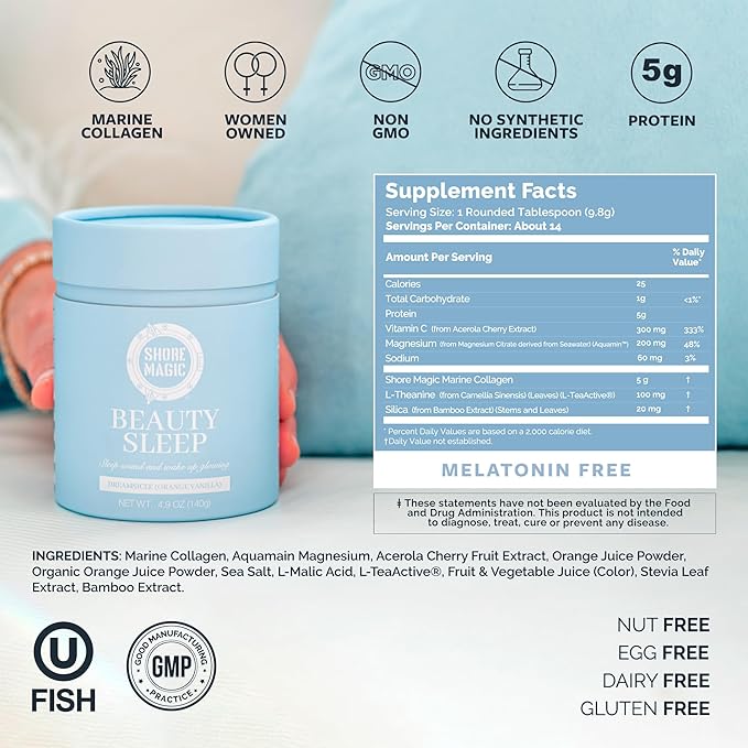 Beauty Sleep Marine Collagen Powder with Types I, II, III & IV Hydrolyzed Peptides, Magnesium, L-Theanine, Orange Vanilla Flavor, Egg, Nut, Dairy, Gluten & Sugar Free, Melatonin-Free