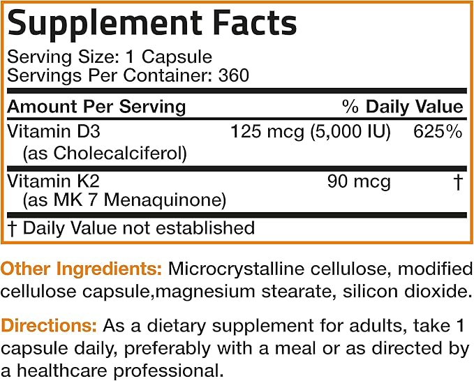 Bronson Vitamin K2 (MK7) with D3 Supplement Non-GMO Formula 5000 IU Vitamin D3 & 90 mcg K2 MK-7 Easy to Swallow D & K Complex, 360 Capsules