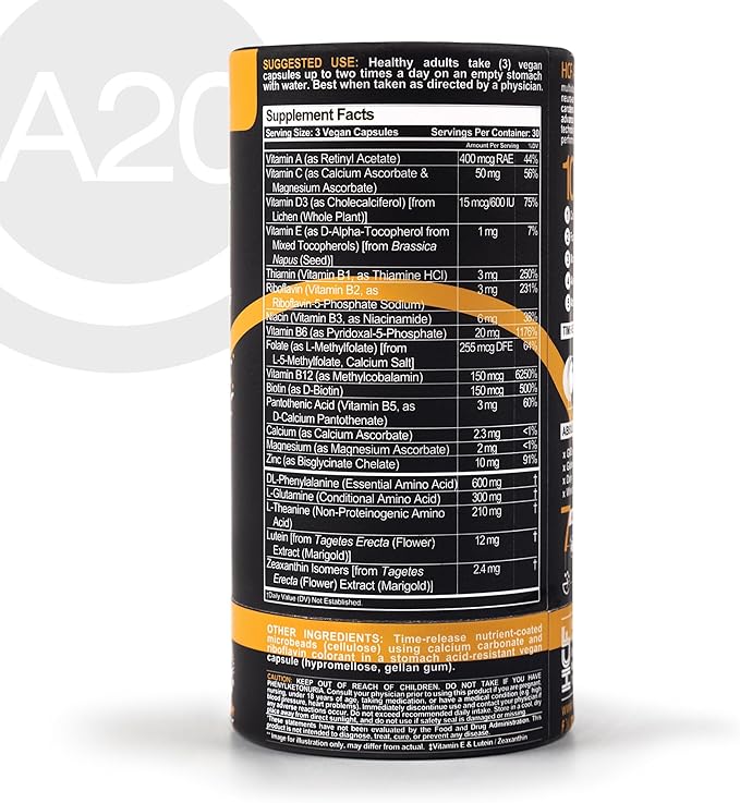 HCF A20 Microbead Brain Health Supplements for Adults for Memory, Focus, Calm, Mood, Alertness, Attention, Vision, Sleep, Immune System, 20 Premium Nootropic Nutrients Multivitamin & 7 Advances® Tech